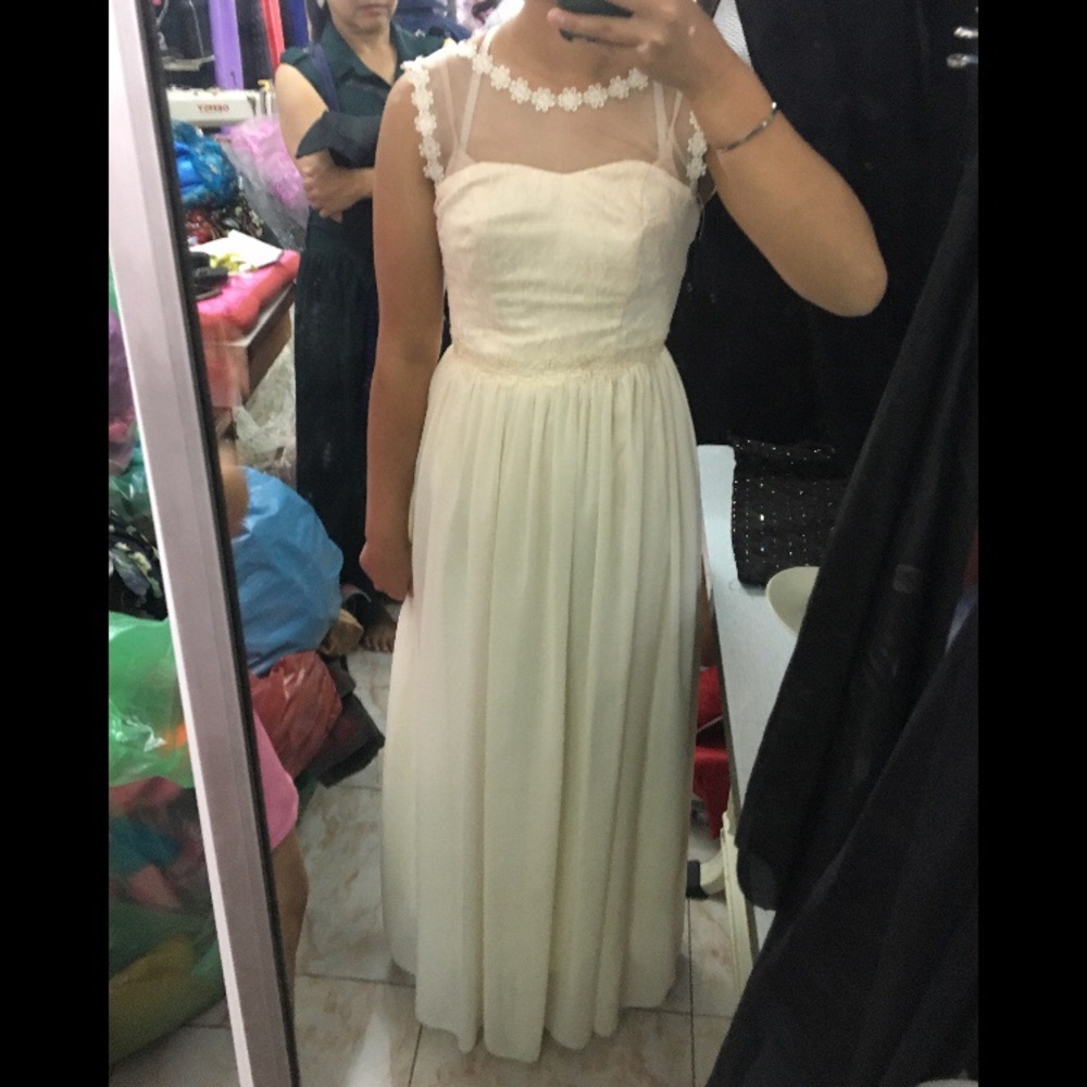 Cream Lace Prom Dress with Mesh - Picture 4 of 4